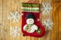 Christmas decoration stocking and snow flake hanging over rustic Royalty Free Stock Photo