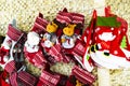 Christmas decoration stocking and toys hanging over rustic stone background Royalty Free Stock Photo