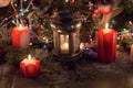 Christmas decoration on table with lantern and candles