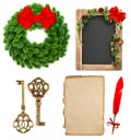 Christmas decoration tools and evergreen wreath wit red ribbon Royalty Free Stock Photo