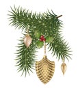 Christmas decoration with toys, pine cones, Christmas tree branches and garlands. realistic illustration