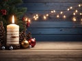 christmas decoration tree with baubles lights and candle on wood background with copyspace Royalty Free Stock Photo