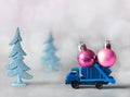 Christmas decoration. Truck car carries decorations for Christmas trees. Christmas ball Royalty Free Stock Photo