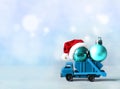 Christmas decoration. Truck car carries decorations for Christmas trees. Christmas ball Royalty Free Stock Photo