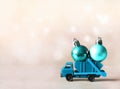 Christmas decoration. Truck car carries decorations for Christmas trees. Christmas ball Royalty Free Stock Photo