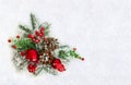 Christmas decoration. Twigs christmas tree, brown natural pine cones, ball, red apple and red berries on snow with space for text