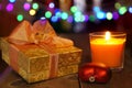 Christmas decoration under colored defocused bakground. Royalty Free Stock Photo