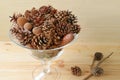 Christmas Decoration with Various Types of Dry Pine Cones in a Glass Compote