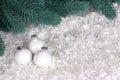 Christmas decoration with white chrismas ball snow and fir branches. Royalty Free Stock Photo