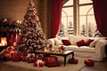 Christmas decoration in white living room. Xmas festive white interior. Generative AI. Royalty Free Stock Photo