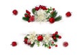 Christmas decoration. White openwork flowers poinsettia, branch christmas tree, red berries, apples and white paper card note Royalty Free Stock Photo