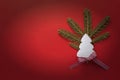 Christmas Decoration with White Wooden Christmas Tree on Red Background. Copy Space Wallpaper. Christmas Card. Royalty Free Stock Photo