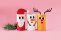 Christmas decoration for winter season. Holiday easy DIY craft idea for kids. Toilet paper roll tube toy. Santa snowman Royalty Free Stock Photo