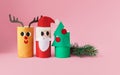 Christmas decoration for winter season. Holiday easy DIY craft idea for kids. Toilet paper roll tube toy. Santa snowman