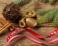 Christmas decoration, on wood background pine tree branch,ornaments