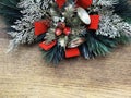 Christmas decoration on wooden background. Christmas card. Copy space. Christmas wreath on table Royalty Free Stock Photo