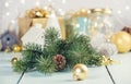 Christmas decoration on wooden background, horizontal composition Royalty Free Stock Photo