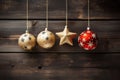 Christmas decoration on wooden background. Stars, lights, christmas balls. AI generated Royalty Free Stock Photo