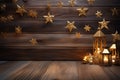 Christmas decoration on wooden background. Stars, lights, christmas balls. AI generated Royalty Free Stock Photo