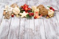 Christmas decoration on wooden background. Winter holidays concept. New Year of rooster.