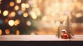 Christmas decoration on wooden table in front of defocused lights background . Royalty Free Stock Photo