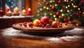 Christmas decoration on wooden table in room with christmas tree and fireplace
