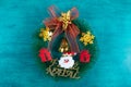Christmas decoration with christmas wreath. Blue background