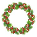 Christmas Decoration Wreath. Merry Christmas Greeting Card With A Realistic Colorful Wreath Of Pine Tree Branches