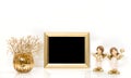 Christmas decorations Angel and Golden frame. Mock up Royalty Free Stock Photo