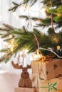 Christmas decorations angel on the Christmas tree, Christmas decor. New Year`s concert. Bokeh effect Royalty Free Stock Photo