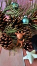 Christmas decorations background, Christmas set, Christmas fir free, wood and pinecone, candles Royalty Free Stock Photo