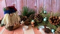 Christmas decorations background, Christmas set, Christmas fir free, wood and pinecone, candles Royalty Free Stock Photo