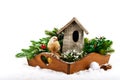 Christmas decorations: bird, birdhouse and fir tree branches