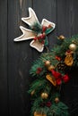 Christmas decorations on a black wooden background Royalty Free Stock Photo