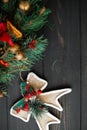 Christmas decorations on a black wooden background Royalty Free Stock Photo