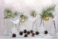 Christmas decorations on a branch of tree in glass vases Royalty Free Stock Photo