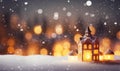 Christmas Decorations With Candles On A Snowy vilage Background. focus stacking
