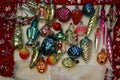 Christmas decorations for the Christmas tree in the form of vintage Christmas tree glass toys Santa Claus, balls, cones, icicles o