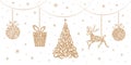Christmas decorations: Christmas tree, reindeer, gift, Christmas balls. Isolated objects on a white background. Royalty Free Stock Photo