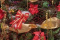 Christmas tree close-up red and gold ribbon decorations fir background Royalty Free Stock Photo