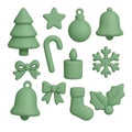 Set of cute 3d green christmas decorations isolated on a white background, collection of holiday objects in soft plasticine Royalty Free Stock Photo
