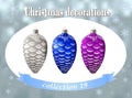 Christmas decorations. Collection of silver, blue and purple con Royalty Free Stock Photo