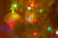 Christmas decorations and colored lights garlands on Christmas tree. Bright lights and highlights against background of Royalty Free Stock Photo