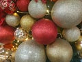 Christmas decorations for compositions. Shiny balls, tinsel. holiday background. Copy space for text Royalty Free Stock Photo