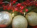 Christmas decorations for compositions. Shiny balls, tinsel. holiday background. Copy space for text Royalty Free Stock Photo