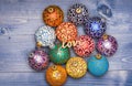 Christmas decorations concept. Pick colorful decorations. Balls christmas decorative ornaments and wooden word love
