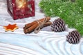 Christmas Decorations with cup of hot cocoa, lamp with candle, cinnamon sticks, pine, fir branch on wooden light blue table. Flat Royalty Free Stock Photo