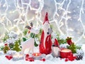 Christmas decorations cute figure elk and gnomes with festive decorations ÃÂ¾n the snow. Christmas or New Year greeting card