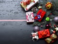 Christmas decorations on dark wooden background, copy space Royalty Free Stock Photo