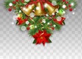 Christmas decorations with fir branches, golden bells, Christmas flowers poinsettia and holly berries. Design element for Xmas and Royalty Free Stock Photo